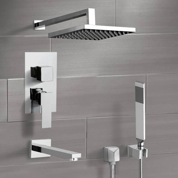 Remer TSH43-8 Chrome Tub and Shower Faucet Set with 8 Inch Rain Shower Head and Hand Shower